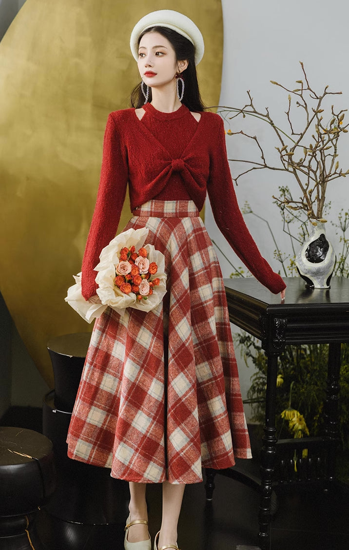 Pleated Skirt Wool Skirt Long Plaid Skirt In Store Toasted Plaid