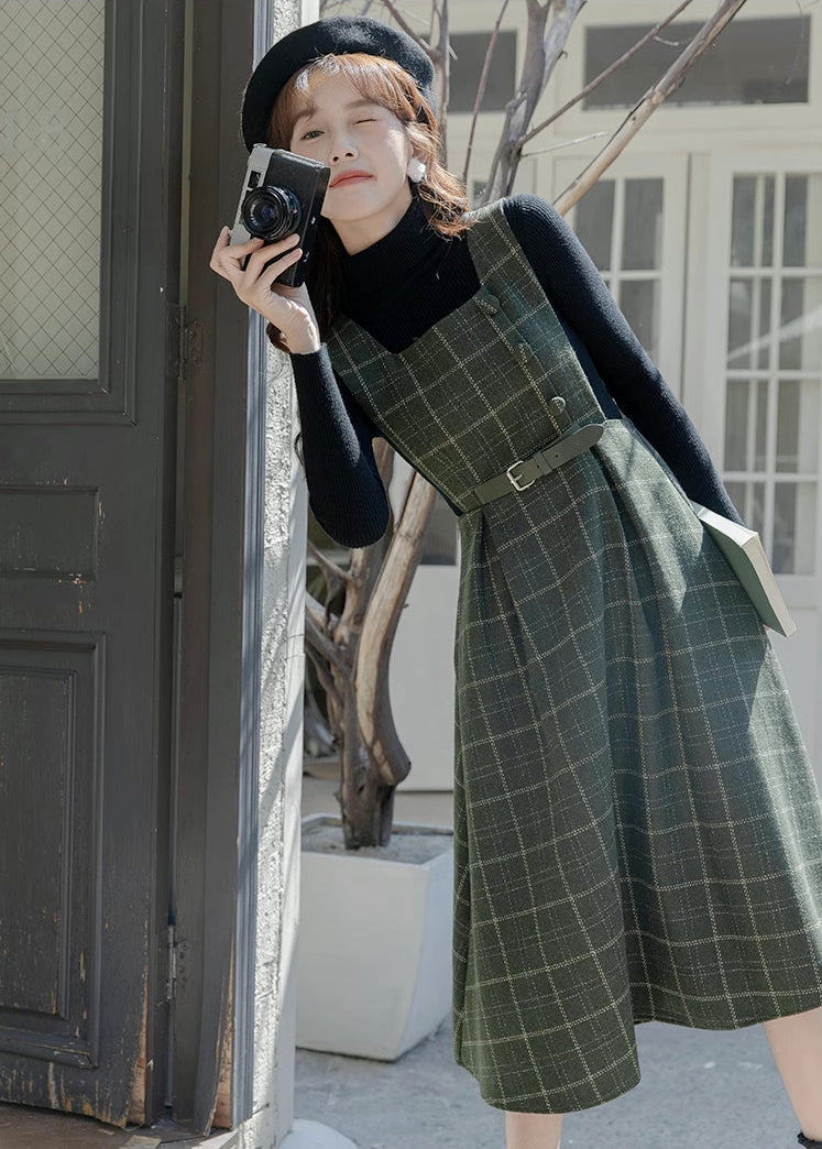 Belted Plaid Pinafore Dress (3 Colors)