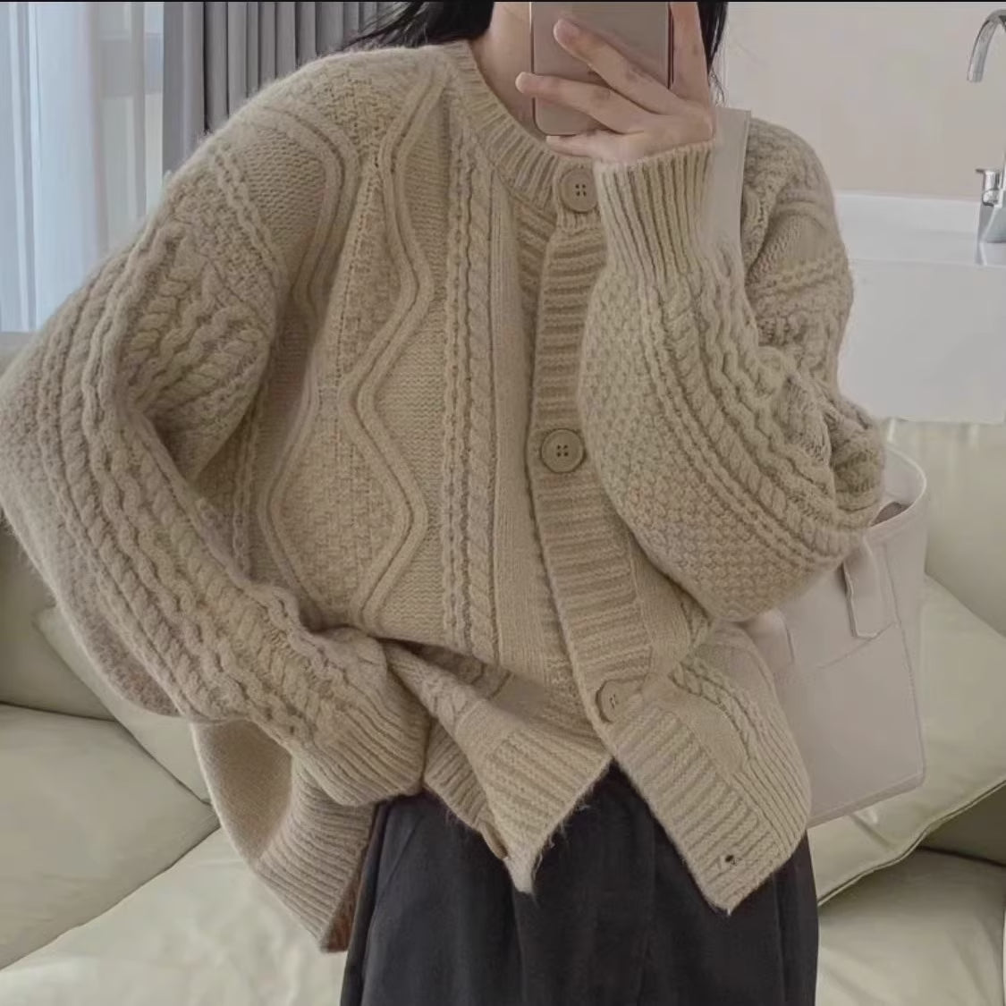 Cable Knit Round Neck Cardigan (7 Colors)
