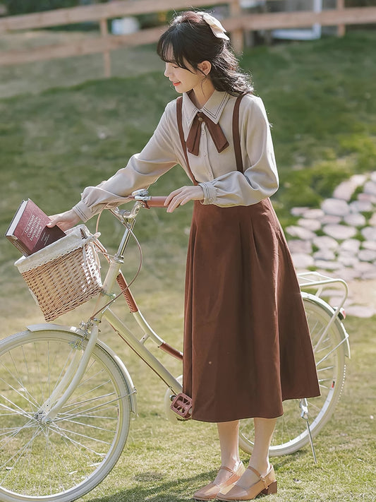 Corduroy Suede Suspender Skirt / Blouse (Brown)