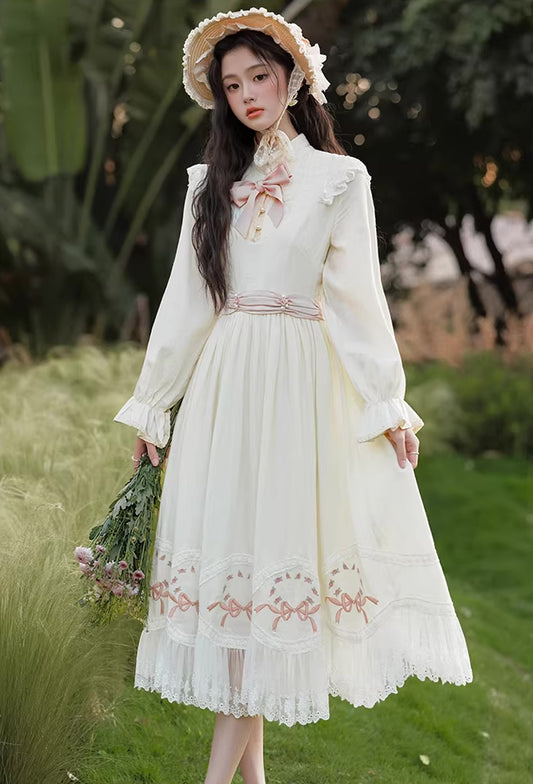 Rosy Bows Midi Dress (White)