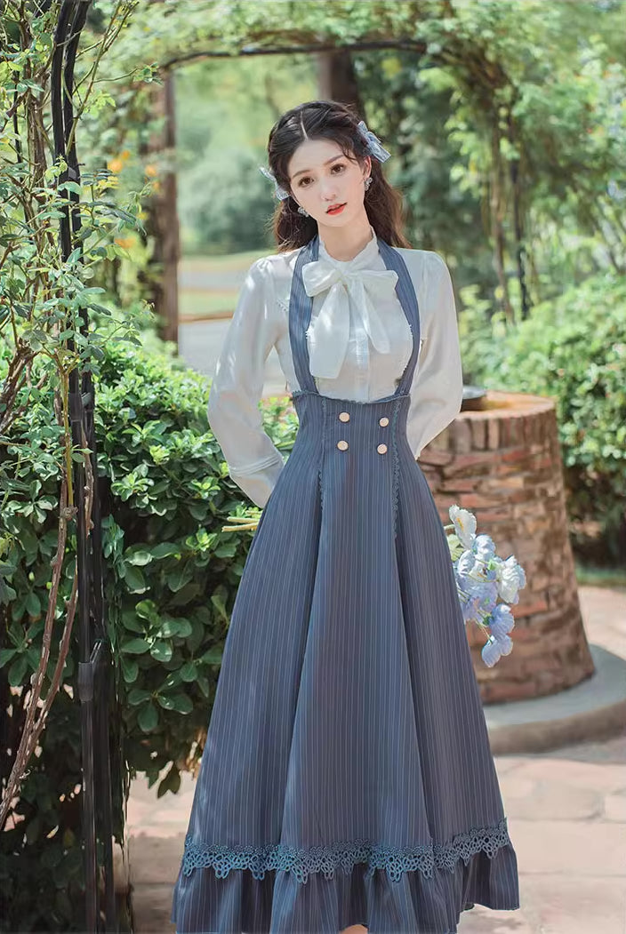 Evergarden Stripe Suspender Skirt & Blouse (Blue)