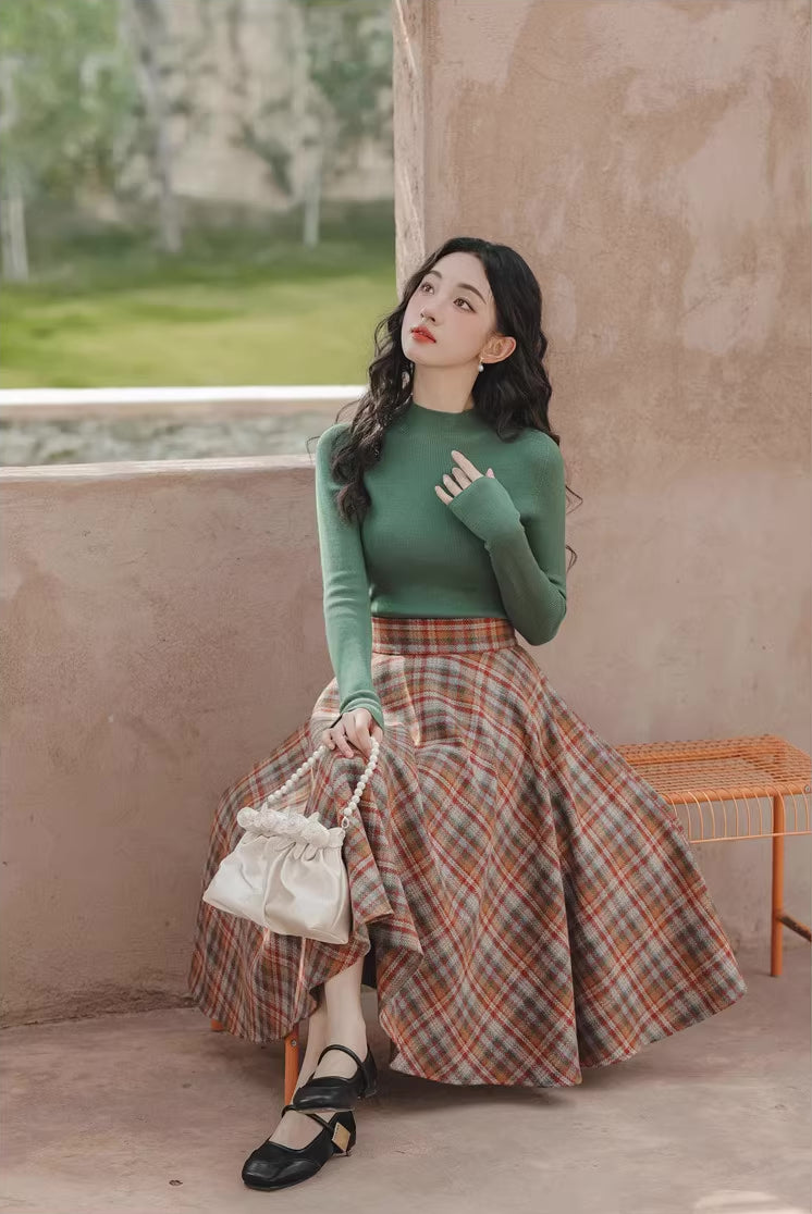 Maple Plaid Midi Circle Skirt (Multicolor)
