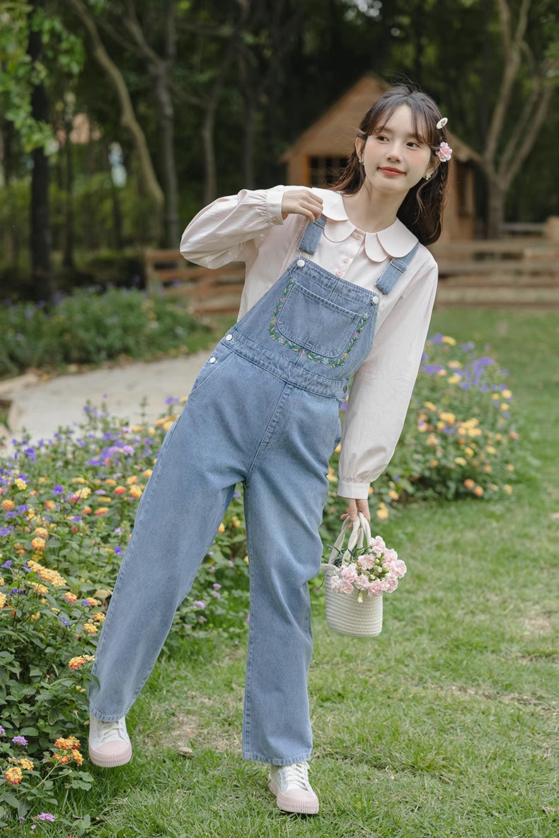 Retro Floral Embroidered Denim Overalls (Medium Blue)