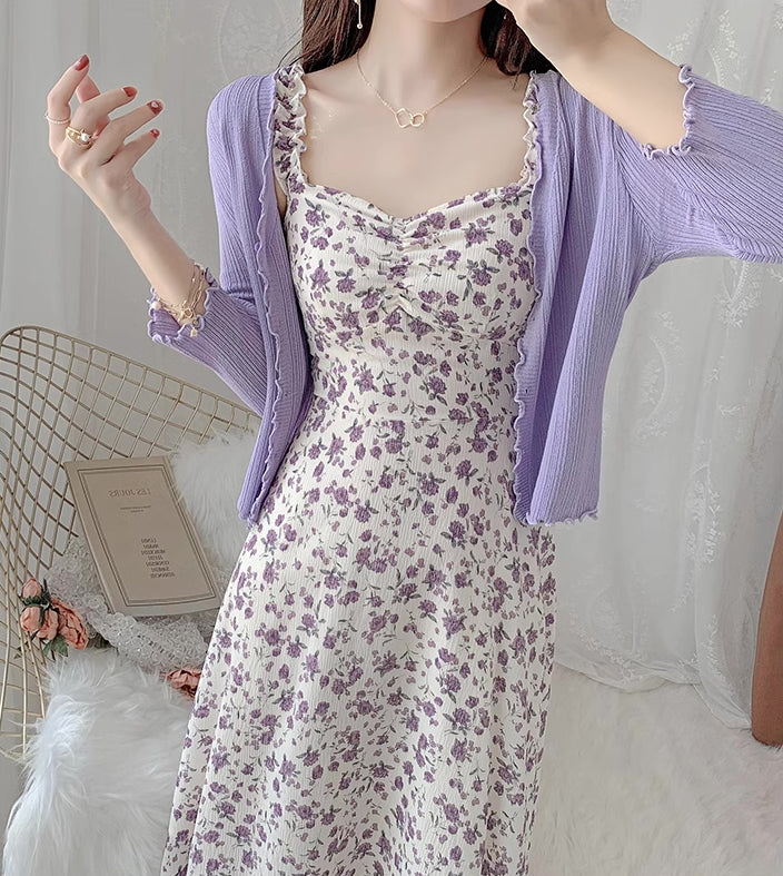 Enchanted Floral Midi Dress (White/Purple)