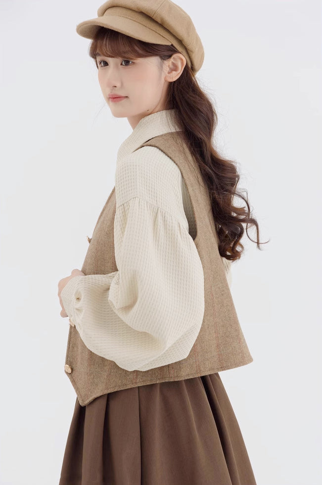 Waffle Puff Sleeve Blouse (Milk Tea)