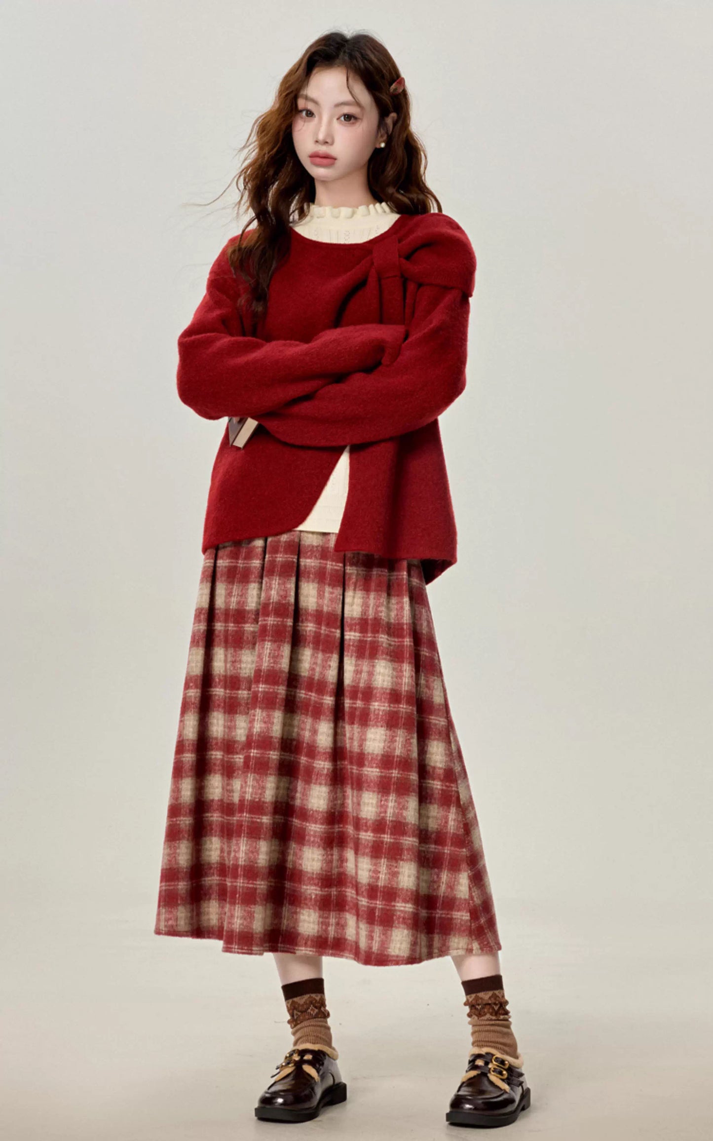Rustic Plaid Midi Skirt (Red)