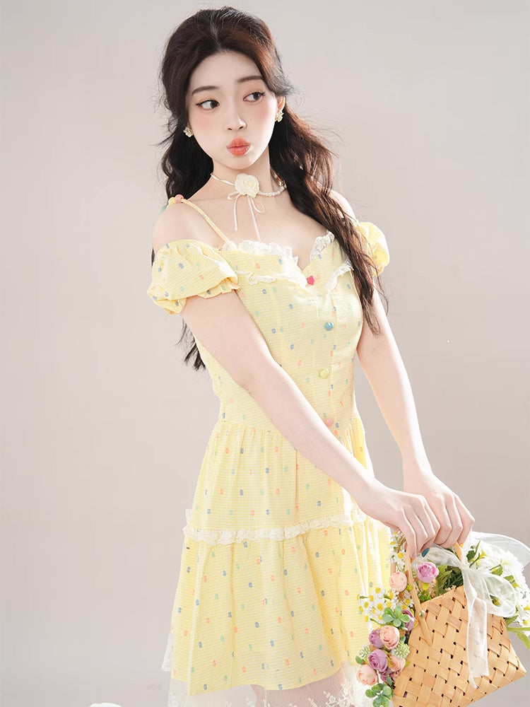 Gumdrop Gingham Cold Shoulder Mini Dress (Yellow)