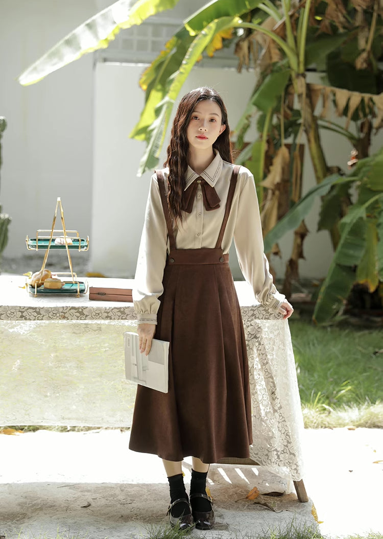 Corduroy Suede Suspender Skirt / Blouse (Brown)