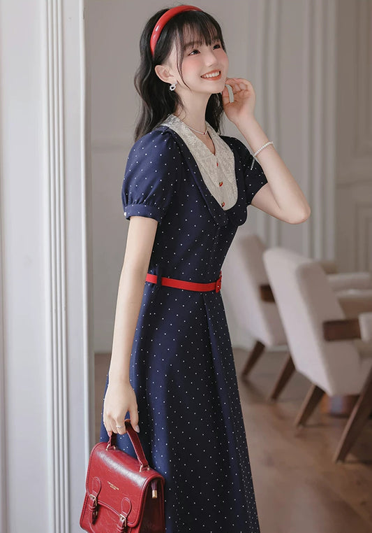 Miss Americana Polka Dot Midi Dress (Navy)