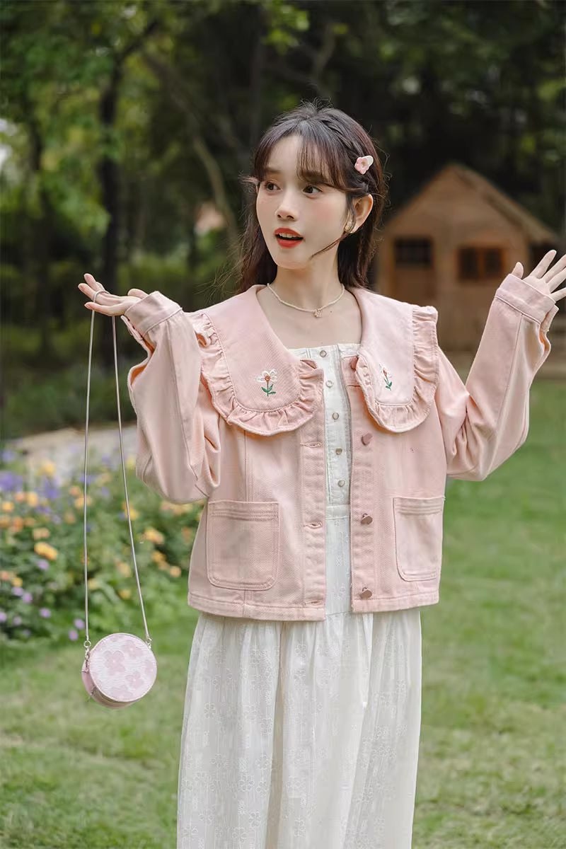 Sweet Heart Flower Embroidered Jacket (Pink)