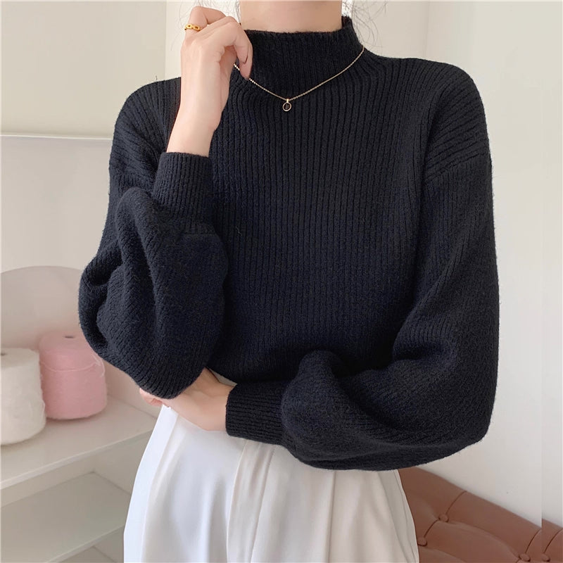 Balloon Sleeve Ribbed Sweater (4 Colors)