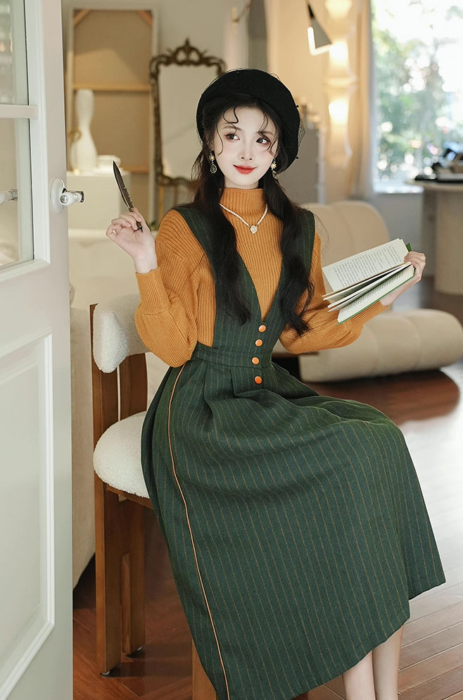Gingko Stripe Pinafore & Sweater Set (Mustard/Green)