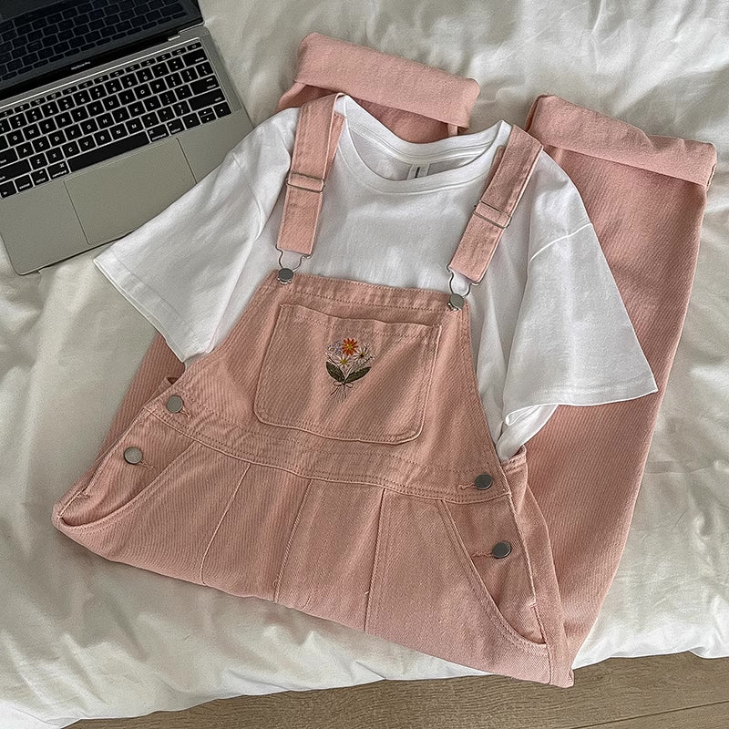 Flower Bouquet Embroidered Overalls (Pink)