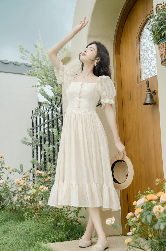 Lace Broderie Midi Dress (Cream)
