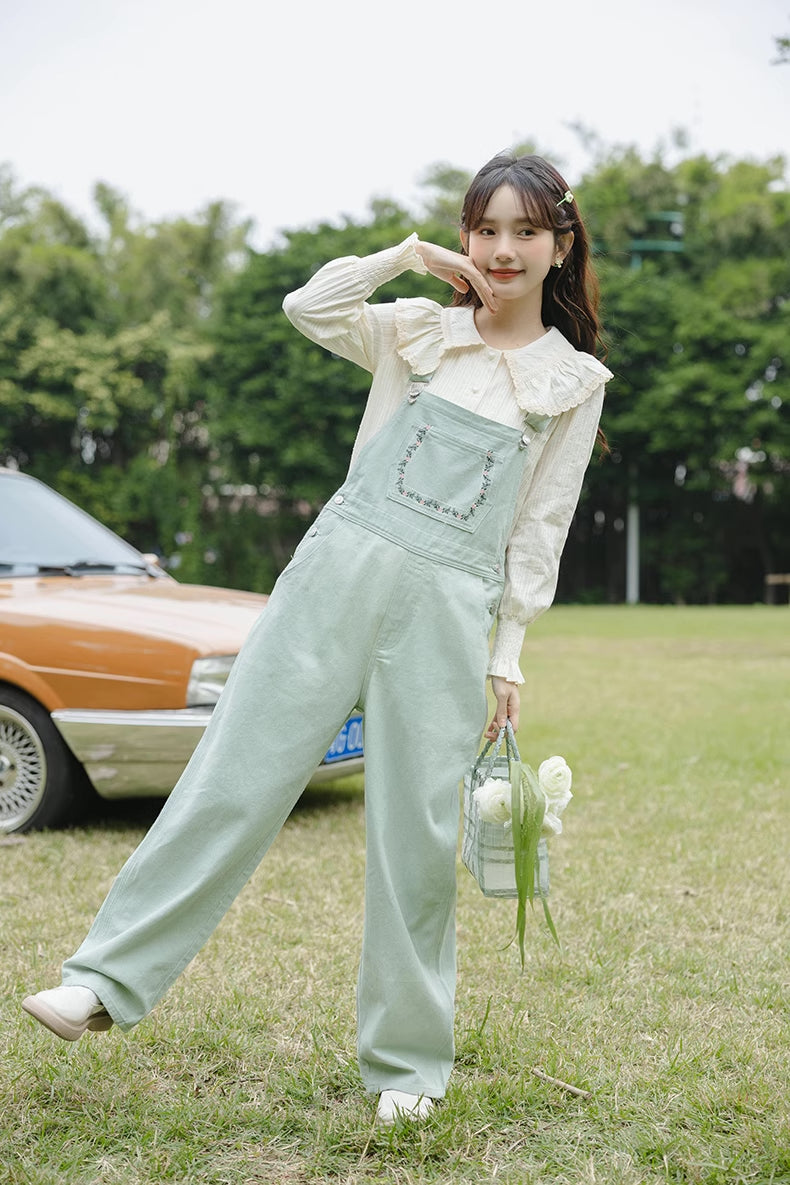 Flower Vines Embroidered Overalls (Green)