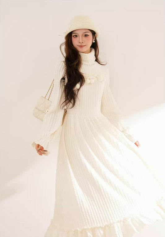 Cherry Pom Pom Turtleneck Sweater Dress (White)