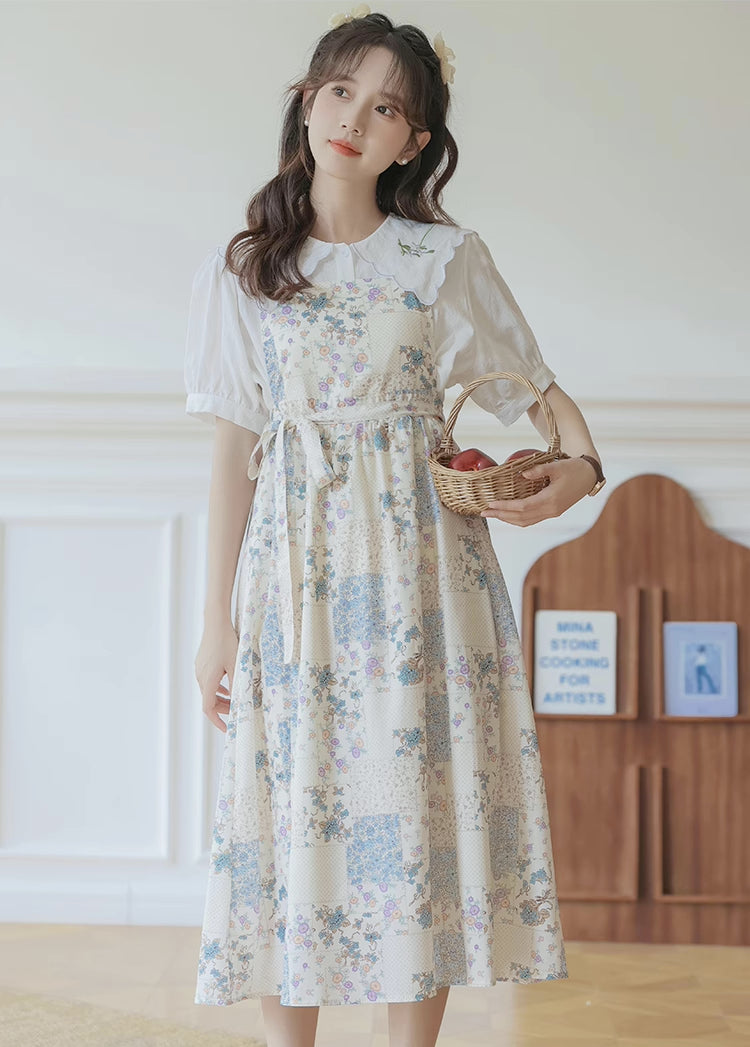 Ditsy Floral Patchwork Apron Dress (White)