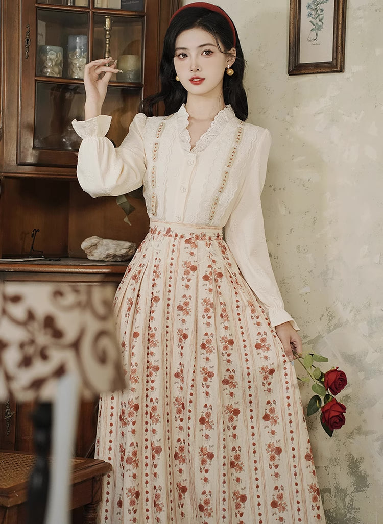 Rose Wallpaper Blouse & Skirt Set (Cream/Red)