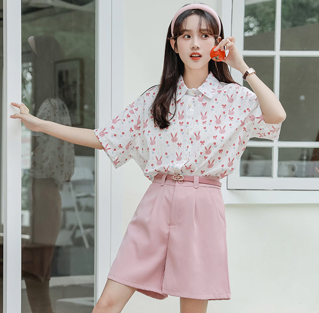 Pink Bunny Button Up Shirt (White)
