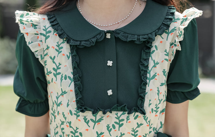 Flower Buds Pinafore Twofer Dress (Dark Green/White)