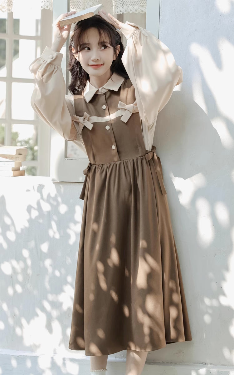 Cocoa Bows Twofer Midi Dress (Brown)