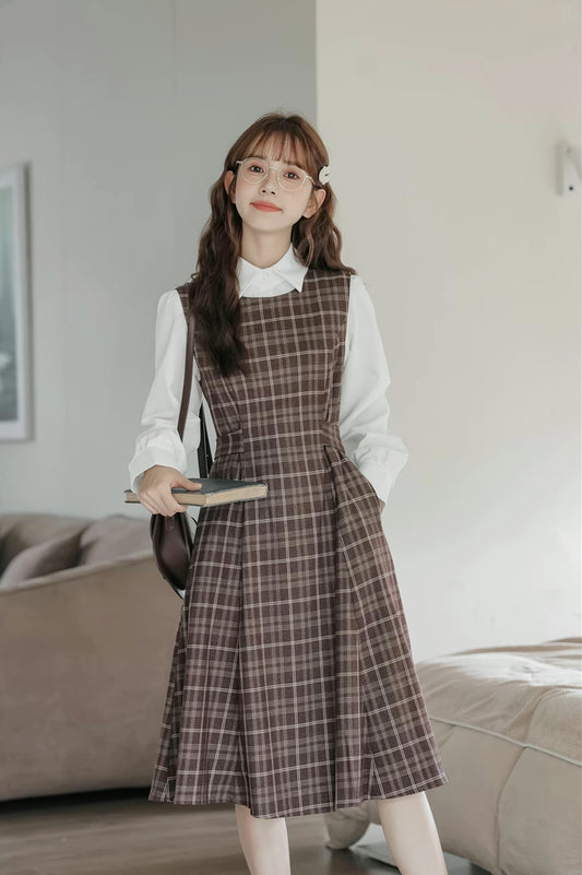 Cocoa Plaid Midi Dress (Dark Brown)