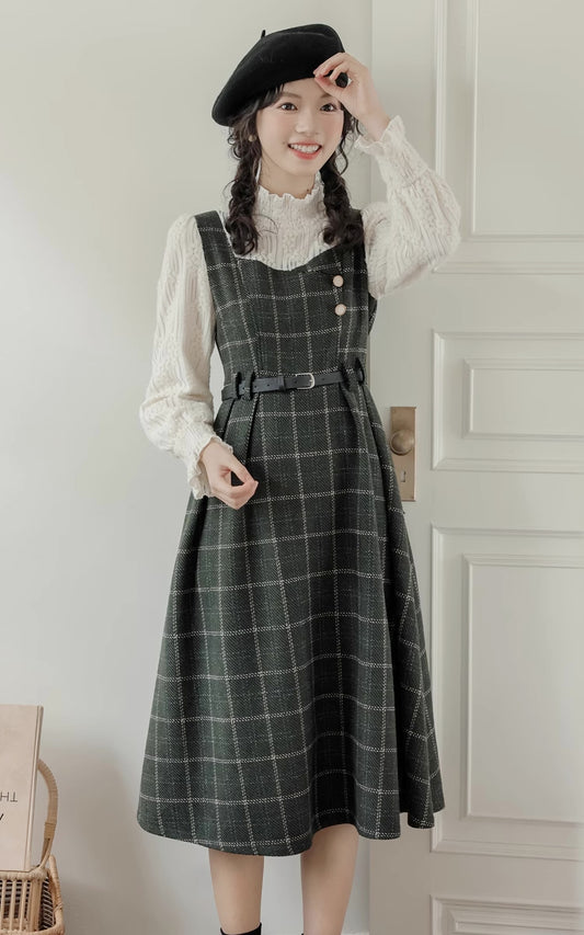 Plaid Pinafore Twofer Midi Dress (Green)