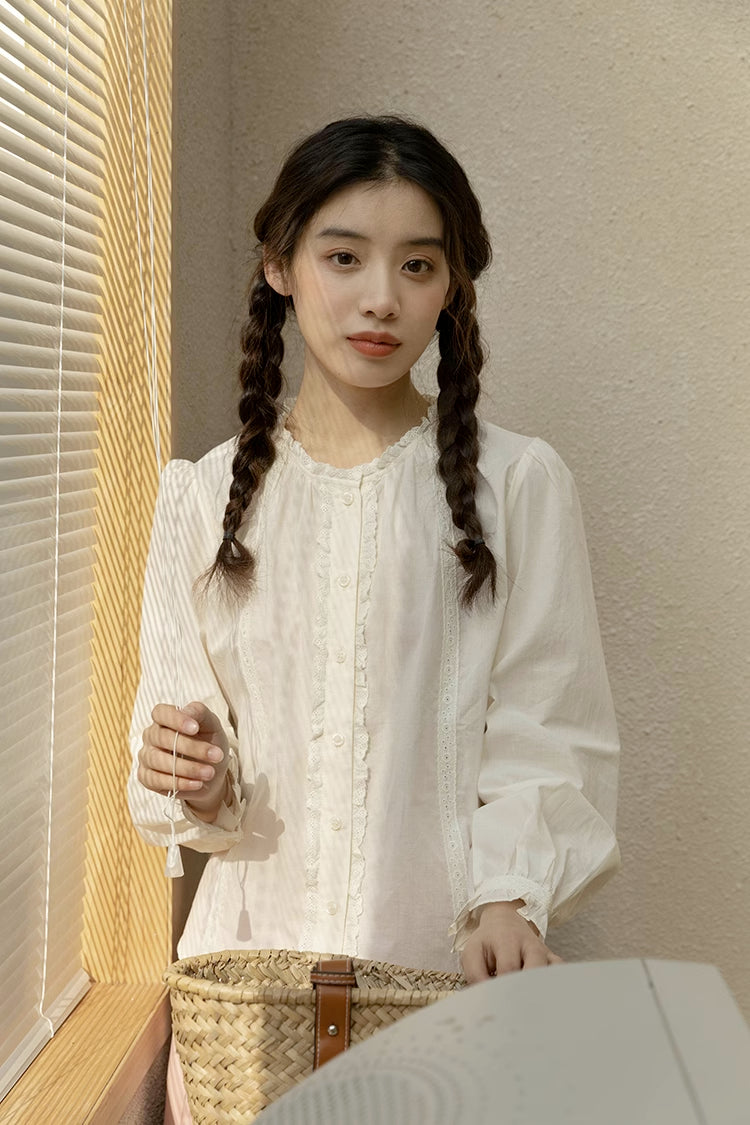 Ruffle Broderie Trim Blouse (White)
