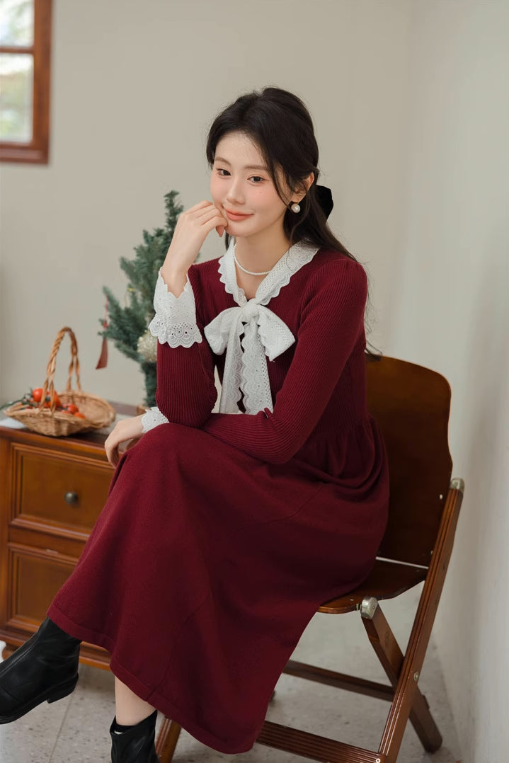 Lace Trim Sweater Midi Dress (2 Colors)