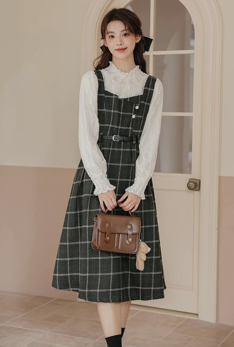 Plaid Pinafore Twofer Midi Dress (Green)