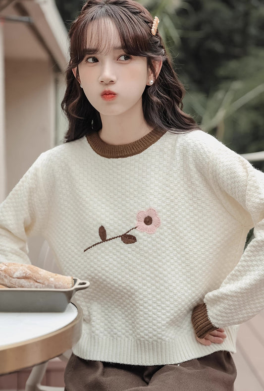 Waffle Knit Flower Sweater (2 Colors)