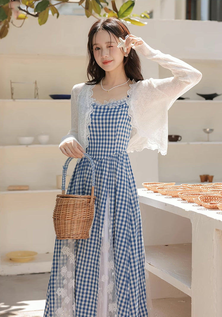 Gingham Lace Cami Maxi Dress (Blue)