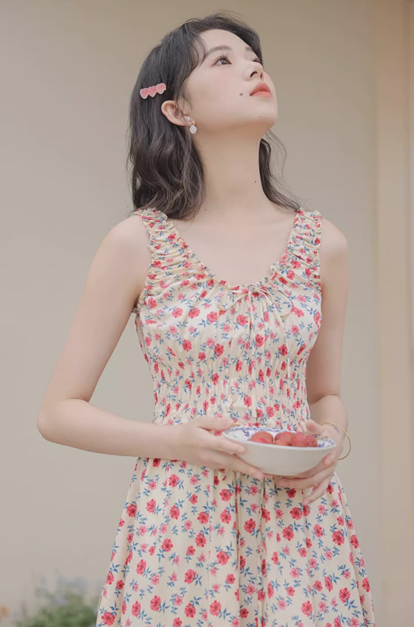 Camellia Smocked Midi Dress (Cream/Red)