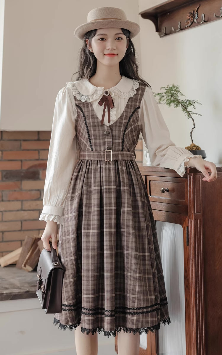 Mocca Plaid Midi Dress (Brown)