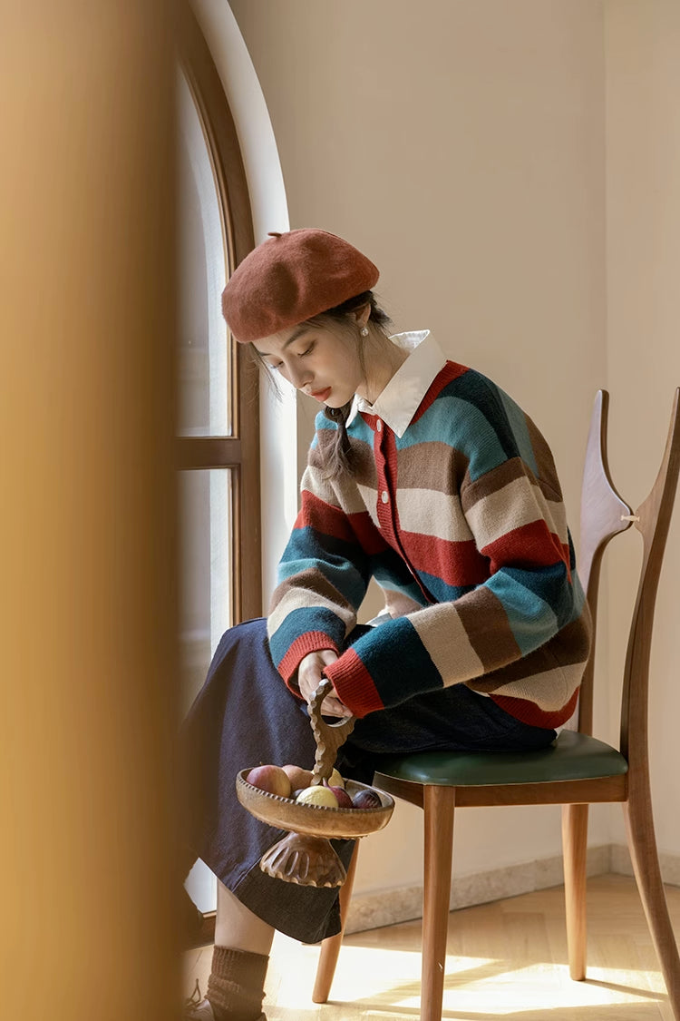 Cozy Stripe Cardigan (Maroon/Teal)