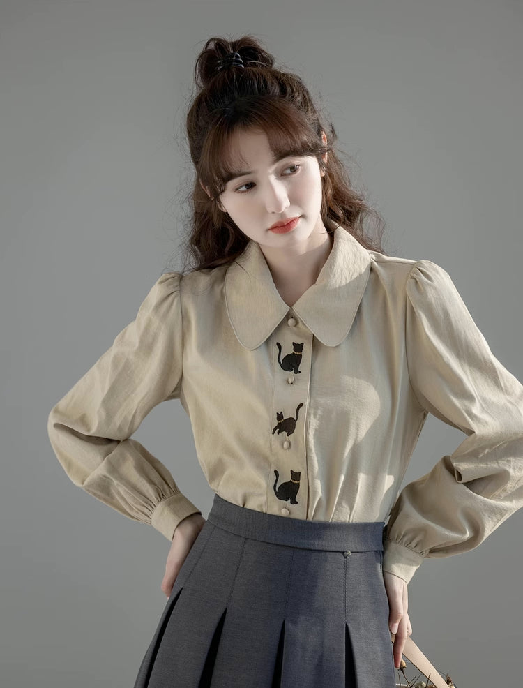 Black Cat Embroidered Blouse (Khaki)