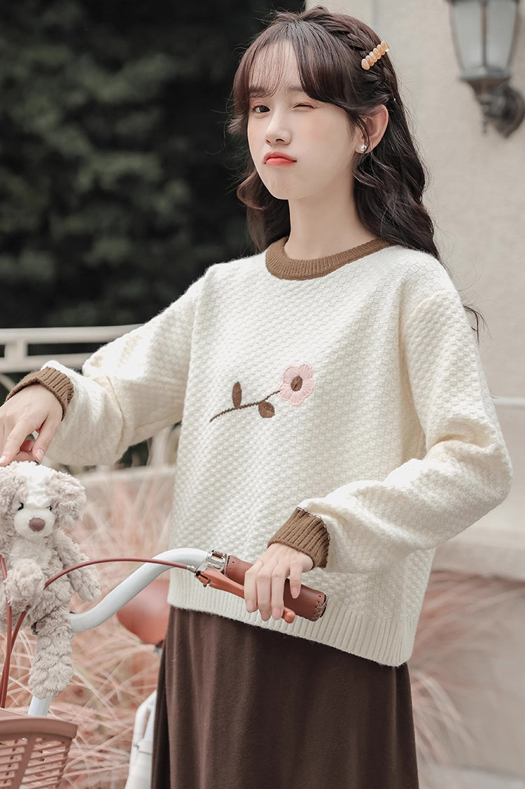 Waffle Knit Flower Sweater (2 Colors)