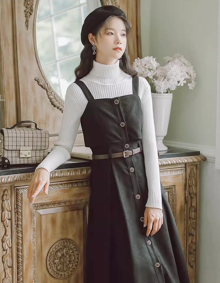 Suede Button Up Cami Pinafore Dress (4 Colors)