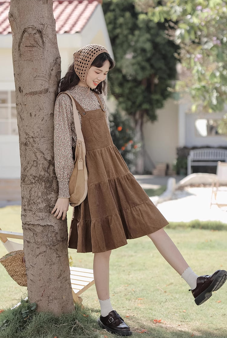 Tiered Corduroy Pinafore Dress & Blouse (Brown)