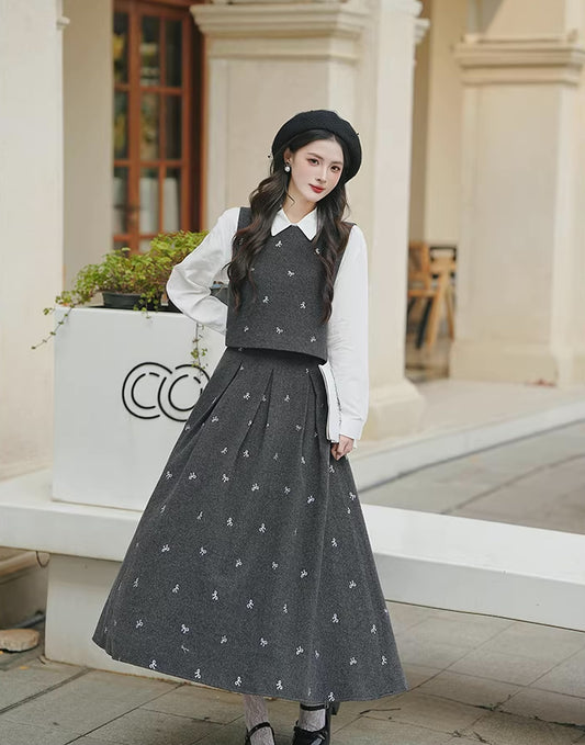 Preppy Bows Vest & Skirt Set (Grey)