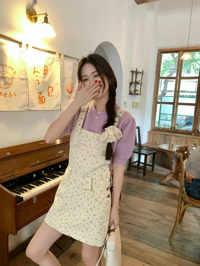 Ditsy Floral Mini Pinafore (Beige)