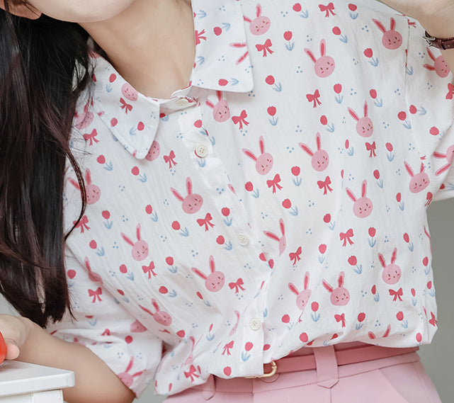 Pink Bunny Button Up Shirt (White)