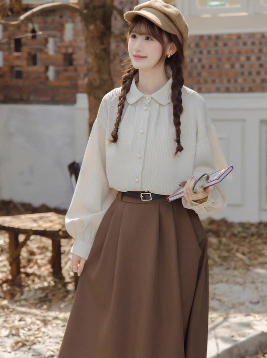 Waffle Puff Sleeve Blouse (Milk Tea)