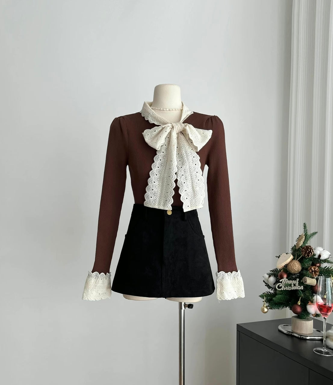 Lace Trim Tie Neck Sweater (4 Colors)