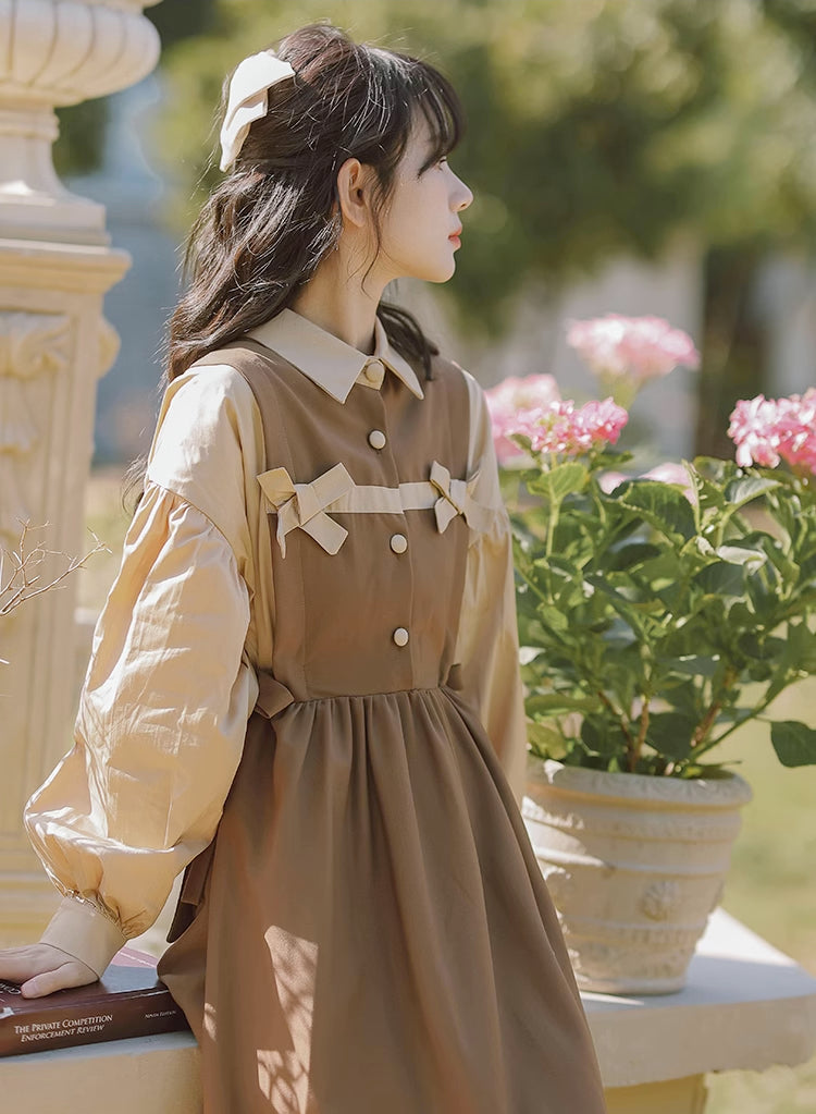Cocoa Bows Twofer Midi Dress (Brown)