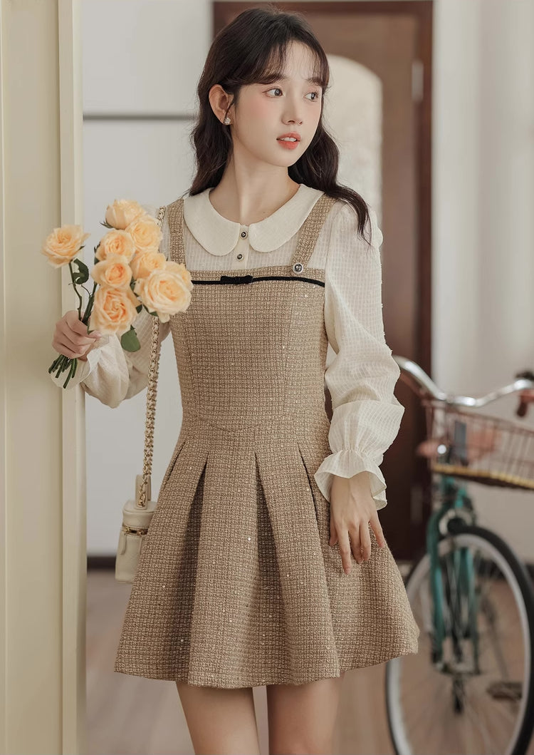 Latte Tweed Mini Twofer Dress (Khaki)