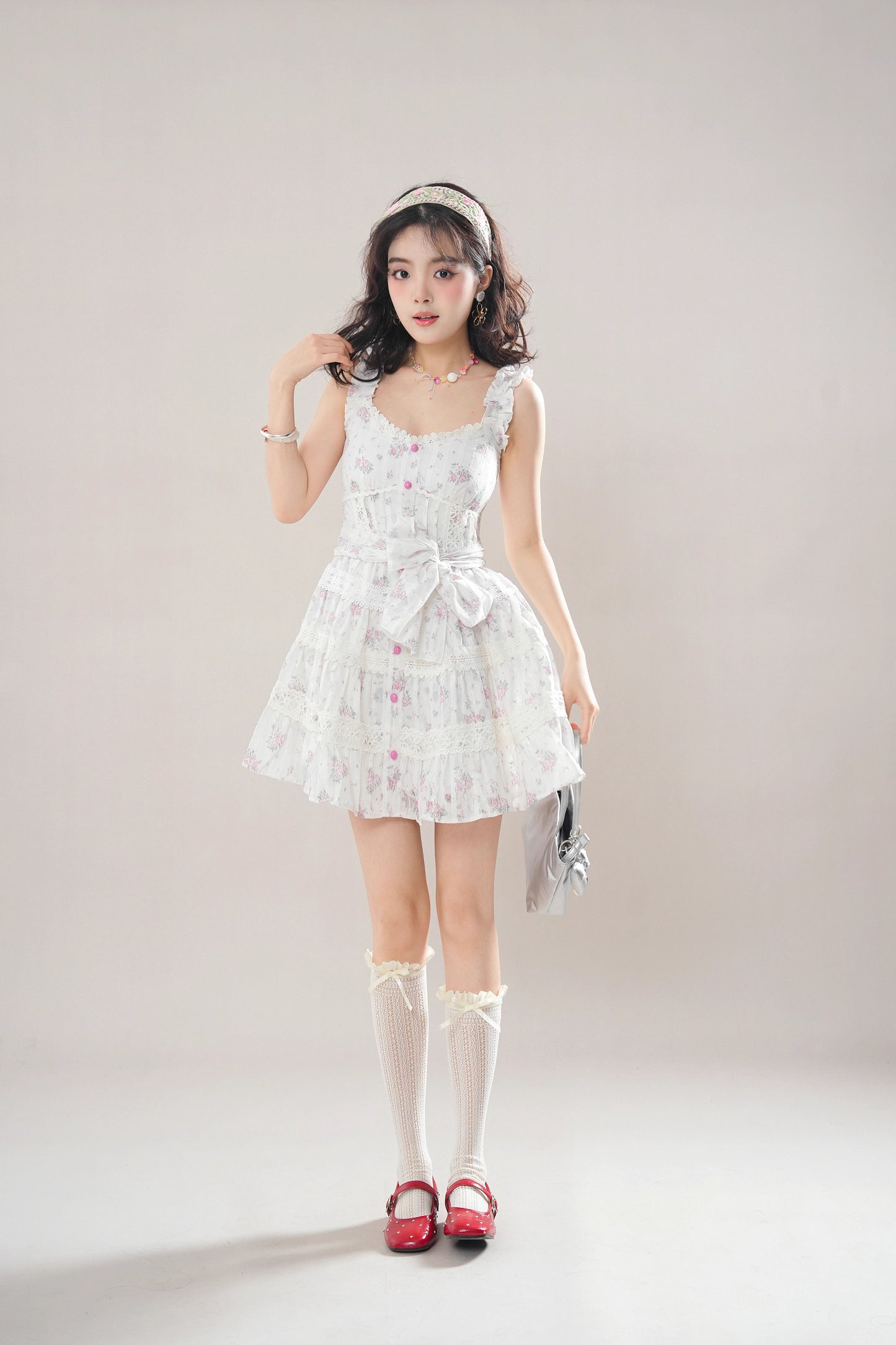 Rose Lace Tiered Mini Dress (White)