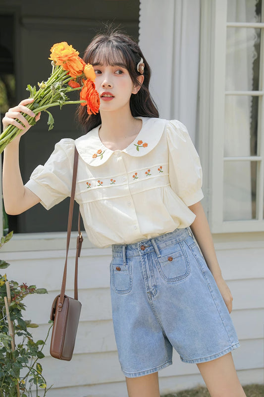 Orange Gerbera Embroidered Blouse (Cream)
