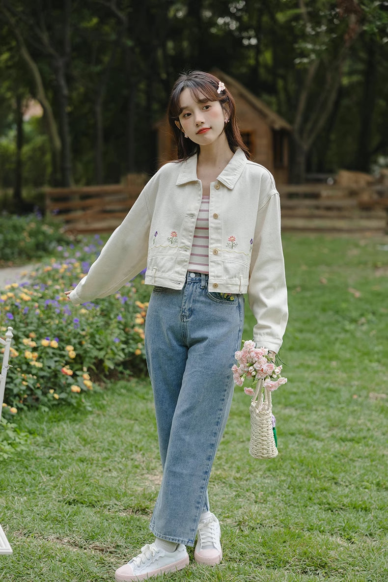 Personal Garden Embroidered Denim Jacket (Cream)
